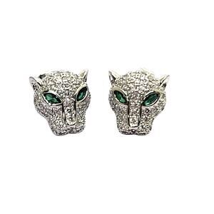Silvertone Round Pave` Crystal Green Marquise Eyes Panther Cat Stud Earrings